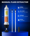 Orion Motor Tech 200mL manual fluid extractor with syringe-style pump and two 9-inch tubes, front view.