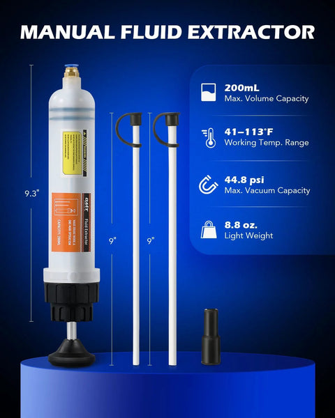 Orion Motor Tech 200mL manual fluid extractor with syringe-style pump and two 9-inch tubes, front view.