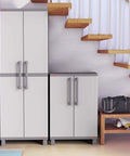 Built Tough Resin Storage Cabinet With Lockable Doors And Five Shelves 55 Lb Per Shelf Capacity Tall 72 Inch Unit For Laundry Room Garage Bathroom And Closet White And Grey installed in a modern home setting.