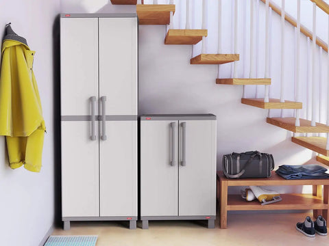 Built Tough Resin Storage Cabinet With Lockable Doors And Five Shelves 55 Lb Per Shelf Capacity Tall 72 Inch Unit For Laundry Room Garage Bathroom And Closet White And Grey installed in a modern home setting.