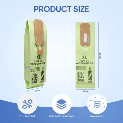 Product size image featuring 10 Pack Type CC Vacuum Bags Replacement For Elevate Upright Vacuums And All Docking System Models
