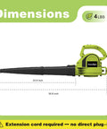 Corded Leaf Blower 7 Amp, 210 MPH Air, 390 CFM, Lightweight 4 Lb Handheld with Two Speed Modes, dimensions shown