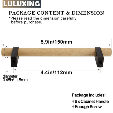 Six Pack Solid Wood Cabinet Handles And Pulls 4.4 Inch Center To Center T Bar Dresser Hardware for Furniture Dimensions