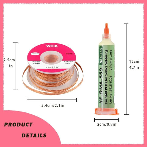 Pro Grade Desoldering Wick With Flux For Electronics Repairs 10 Ft Copper Braided Solder Wick and flux tube side by side