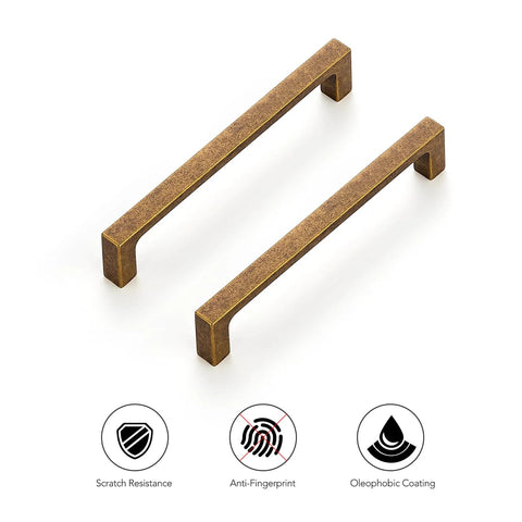 10 Pack Solid 5 Inch Square Cabinet Handles Antique Brass Pulls for Kitchen Cabinets and Drawers showing scratch resistance and coating features