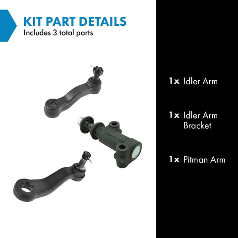 Detailed view of Heavy Duty Front Steering Kit With Idler Arm And Pitman Arm Bracket Assembly parts including idler arm and bracket.