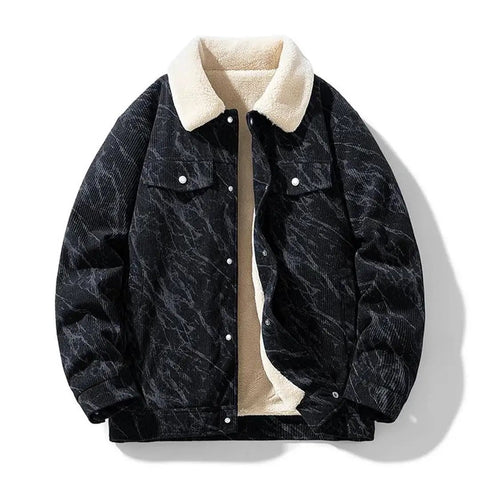 Casual Corduroy Jacket With Cozy Fleece Lining Full Zip Closure, Relaxed Fit Men’s Outerwear For Everyday Style, black with cream lining