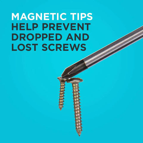 Magnetic Screwdriver Set With Precision And Full-Size Bits Phillips And Flat Head 12-Piece showing magnetic tip holding screws