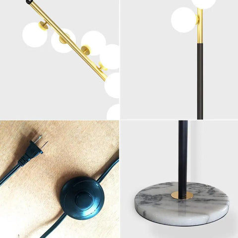 White Glass Shade Marble Base Floor Lamp with details of LED bulbs, tall black stand, marble base, and easy on/off switch