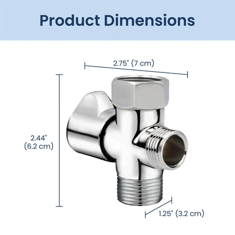 7/8 Inch By 7/8 Inch By 1/2 Inch Shut Off T Adapter For Bidet Water Supply With Winged Chrome Finish, dimensions labeled