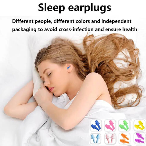 Woman sleeping with ultra soft silicone earplugs in blue, noise reduction NRR 32 dB, eight color set shown