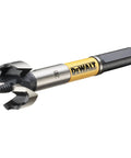 Workhorse Self Feed Spade Drill Bit For Tough Job Sites And 28 Millimeter Aggressive Cutters With Lockdown Shank and lightning fast wood piercing performance, showing a close-up of the 28mm bit.