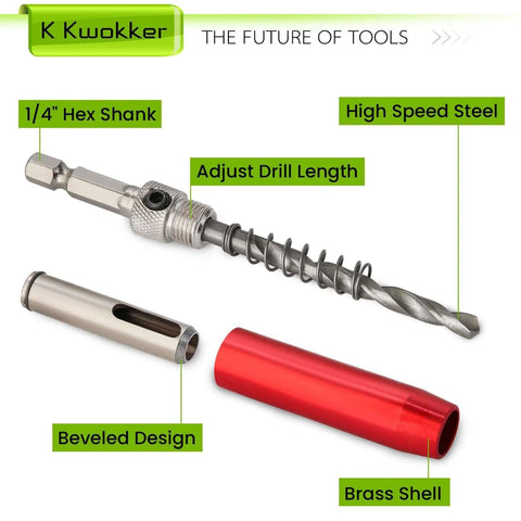 K Kwokker self-centering drill bit set, 3-piece with 1/4 in hex shank VIX bit; red brass shell