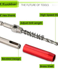 Heavy Duty Self Centering Hinge Drill Bit Set With A Quarter Inch Hex Shank And Tough As Nails Center Punch Cuts Clean Through Wood Metal And Stainless Steel No Sweat Door Install showing 1/4" hex shank and drill components.