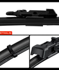 Heavy Duty 24 And 21 Inch Windshield Wiper Blades With Slick All Season Beam Design showing attachment clip and wear indicator.
