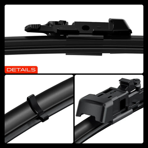 Heavy Duty 24 And 21 Inch Windshield Wiper Blades With Slick All Season Beam Design showing attachment clip and wear indicator.