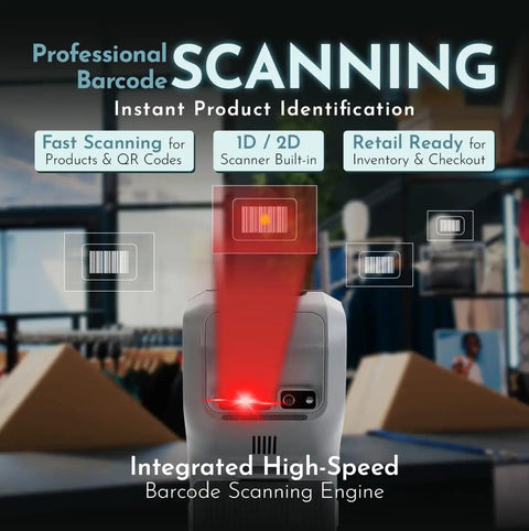 Android 14 Handheld POS With 58MM High Speed Thermal Printer And 5.5 Inch Touch Screen NFC Ready 4G 3GB RAM 32GB ROM Professional 1D 2D Barcode Scanner demonstrating fast scanning capabilities in a retail setting.
