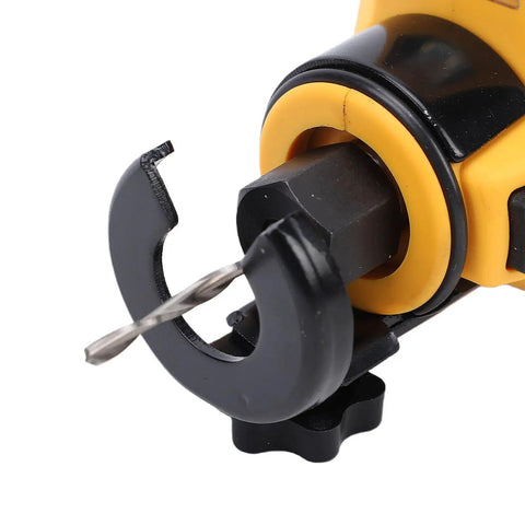 Close-up of Cordless Drywall Cutout Tool with Brushless Motor, 30000 RPM, showing metal cutting bit and protective black guard.