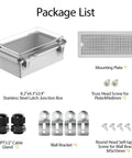 All-Weather Electrical Junction Box With Hinged Clear Cover Heavy-Duty ABS Enclosure IP67 Waterproof, accessories shown.