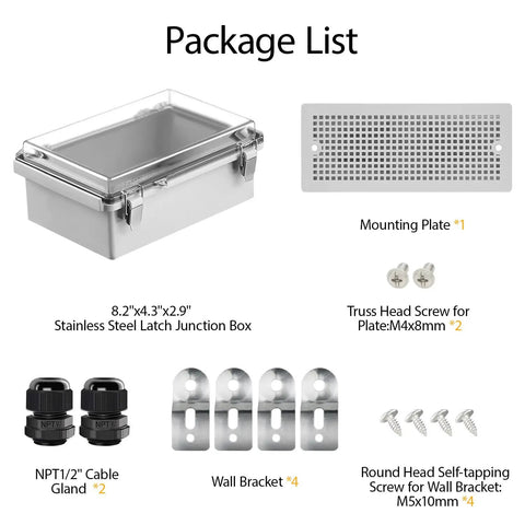 All-Weather Electrical Junction Box With Hinged Clear Cover Heavy-Duty ABS Enclosure IP67 Waterproof, accessories shown.