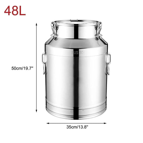 Heavy Duty 12-68 Gallon Stainless Steel Storage Bucket with Sealed Lids, 48L capacity, 50cm height and 35cm diameter, ideal for food storage.