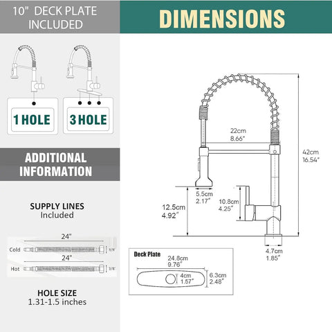 Diagram of Dope Matte Black Kitchen Faucet With Pull Down Sprayer dimensions and installation options.