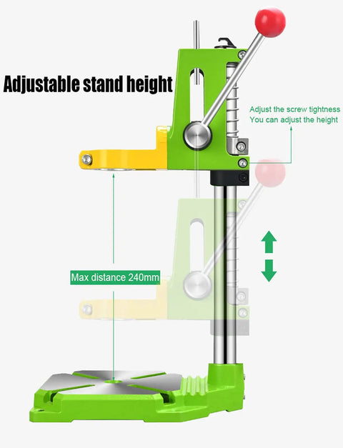 Premium Piefeak Drill Press Stand With Solid Vice And Workbench Multifunction Benchtop Pillar Tool showing adjustable stand height up to 240mm.
