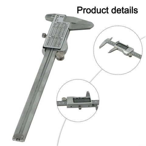 Digital Vernier Caliper 0-150mm Stainless Steel LCD(With battery) showing detailed measurements and large LCD display.