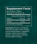 Hormone-Free Plant Based S-Equol Menopause Relief Supplement facts showing calcium and S-equol content details.