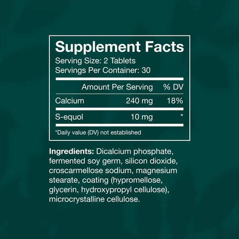 Hormone-Free Plant Based S-Equol Menopause Relief Supplement facts showing calcium and S-equol content details.