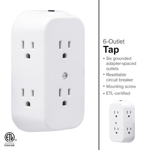 Two Pack Six Outlet Wall Tap Extender With Grounded 3 Prong Outlets Resettable Circuit Breaker Space Saving Side Access Sockets For Tight Spaces Fits Bulky Adapters And Standard Plugs UL Listed White