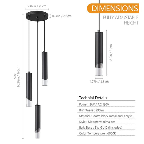 Modern Black Pendant Light Fixture With Dimmable LED Three Light Kit For Kitchen Island And Dining Room with dimensions and specs