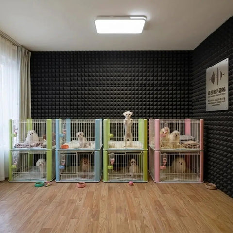 High Density Soundproof Foam Panels With Hella Strong Self Adhesive Backing For Zero Drama Home Studio Acoustic Dampening Treatment Tiles Full Surface Matte Black, safe area for dogs in multi-colored cages.