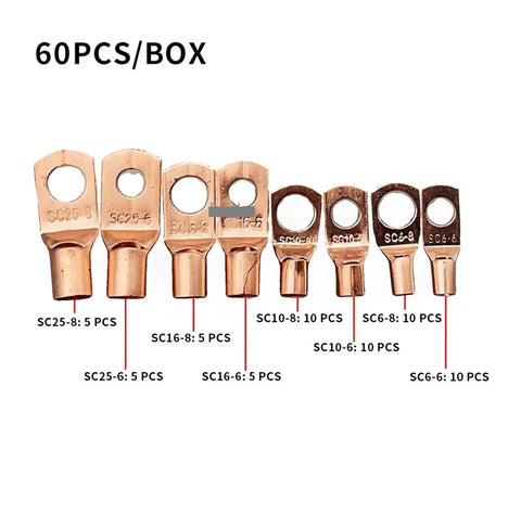 60 Piece Assorted Electrical Wire Ring Connector Kit With Copper Tube Lugs Perfect For Battery Starter Cable Welding Crimp Terminals And Car Wiring Jobs That Need Reliable Solid Connections. 60pcs box SC25-8, SC16-6, SC10-8