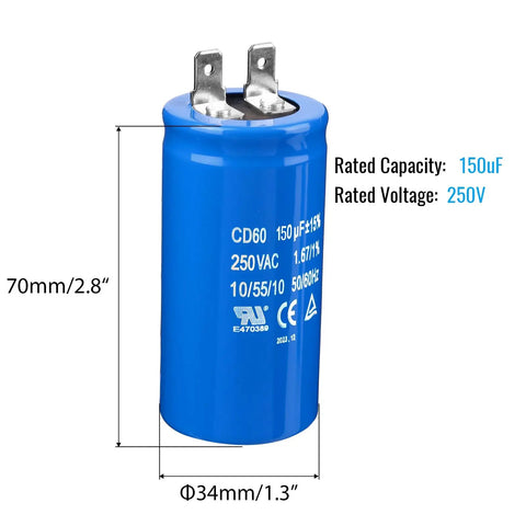 150uF Motor Start Capacitor CD60 for 250VAC Electric Motors, blue aluminum cylinder with specifications on side, 70mm height.