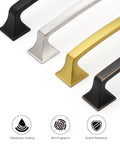 Various colored metal cabinet pulls including black arch design for kitchen cabinets and drawers shown with features like scratch resistance.