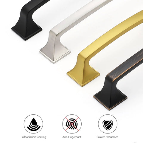 Various colored metal cabinet pulls including black arch design for kitchen cabinets and drawers shown with features like scratch resistance.