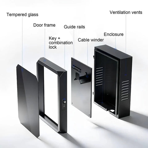 Heavy Duty EV Charger Lock Box Outdoor Wall Mount Station Enclosure With Tempered Glass Window components and details displayed.