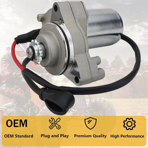 Close-up of 3 Bolt Starter Motor With Solenoid Relay And CDI For 50cc-125cc ATVs in a rugged outdoor setting