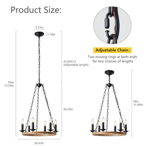 Diagram of Six Light Farmhouse Chandelier With Rustic Industrial Wagon Wheel Design, black finish, showing adjustable chain and size details
