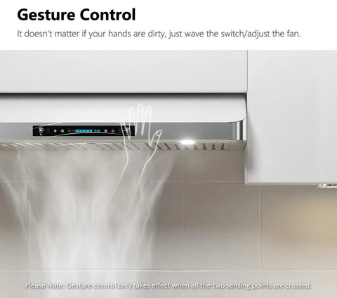 42 Inch Under Cabinet Range Hood With 900 CFM Dual Motors, Four Speed Gesture Sensing And Touch Control, Stainless Steel, steam removal