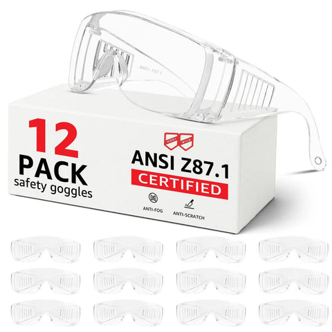 Over Eyeglasses Safety Goggles 12 Pack Workhorse Pro Grade Anti Fog Anti Scratch ANSI Z87.1 Clear Lenses For Construction, Shooting, Lab Work, And Everyday Use Protect Your Eyes