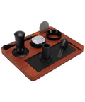 Pro Level Premium Solid Wood Coffee Tamper Kit With Heavy Duty Tamping Station Barista Espresso Press Accessories Built Tough And Lookin Real Sharp, featuring black tools on a wooden tray.
