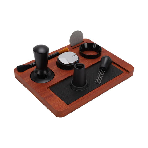 Pro Level Premium Solid Wood Coffee Tamper Kit With Heavy Duty Tamping Station Barista Espresso Press Accessories Built Tough And Lookin Real Sharp, featuring black tools on a wooden tray.