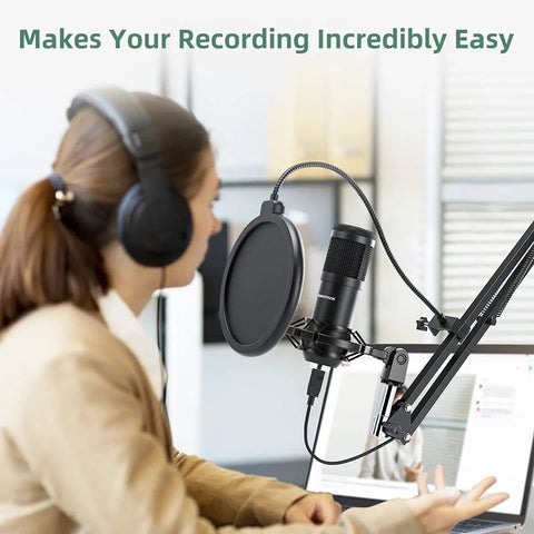 Woman using Pro Grade USB Condenser Podcast Microphone Kit With 192KHz 24Bit Audio for Recording Streaming Gaming Voiceover YouTube and Twitch Ready To Rock And Roll, with shock mount and table clamp.