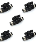 1/4 Inch Push To Connect Valve Set For Pneumatic Air Lines And Slick Quick Connect Tubing Fittings Ball Valve Union Tool Free Assembly 0.25 Inch Hose Fittings Air Flow Control Pack Of 5, showing five black and silver valves for pneumatic systems.