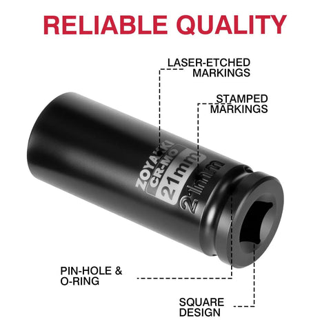 21mm Deep 1/2 Inch Drive 6 Point Impact Socket For Easy Axle Nut Removal In CR-MO Steel with laser-etched and stamped markings