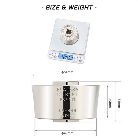 5 In 1 Do It All External Cup Bottom Bracket Tool size and weight, showing 49mm diameter and 220.30g on scale