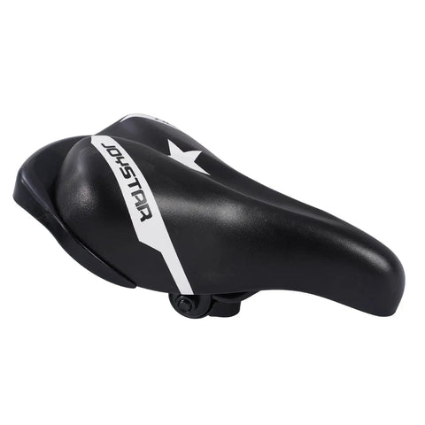 Side view of black Kids Bike Seat With Built In Parent Handle Padded Replacement Saddle For 12 14 16 18 Inch Bikes Super Comfy