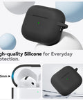 Crystal Clear Slim Protective Case For AirPods 4 And 5 Usb-C Versions 2024 Plus 2026 showing solid black silicone shell with status light.